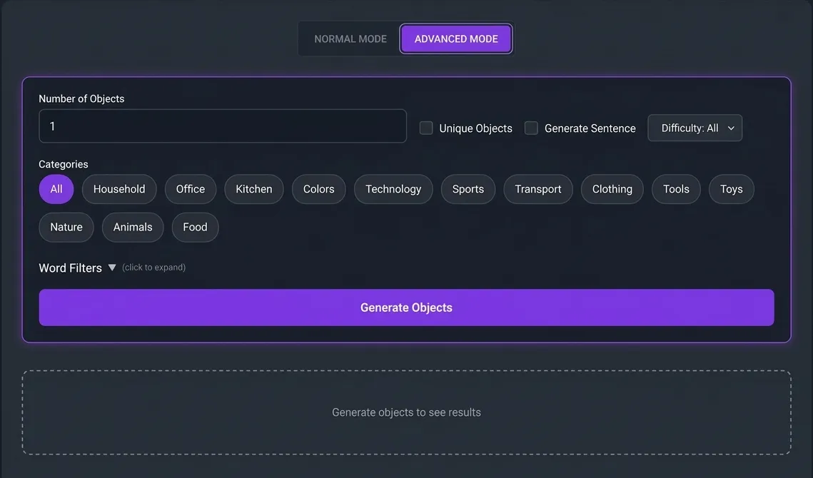 random object generator tool interface with filters and categories