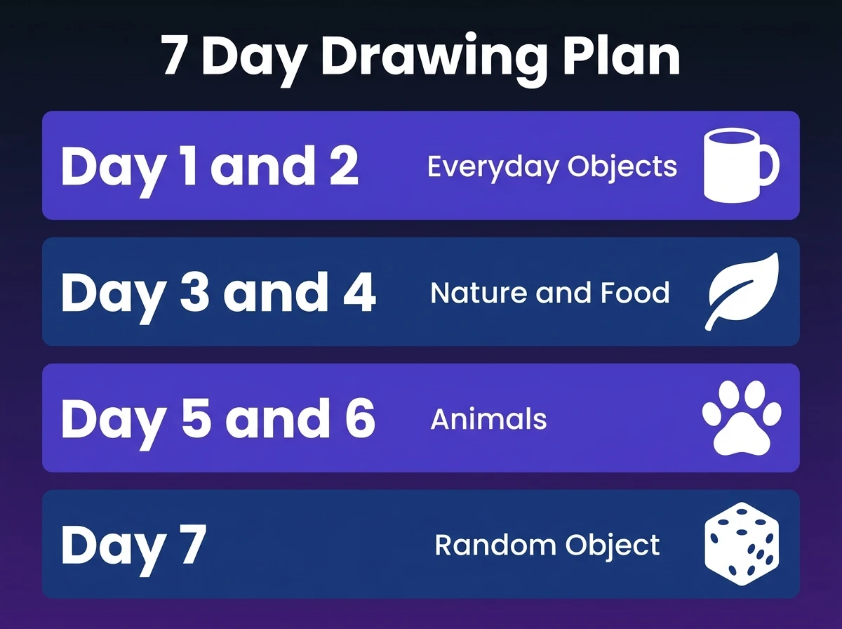 7 day boredom drawing plan showing day 1 and 2 everyday objects day 3 and 4 nature and food day 5 and 6 animals day 7 random object