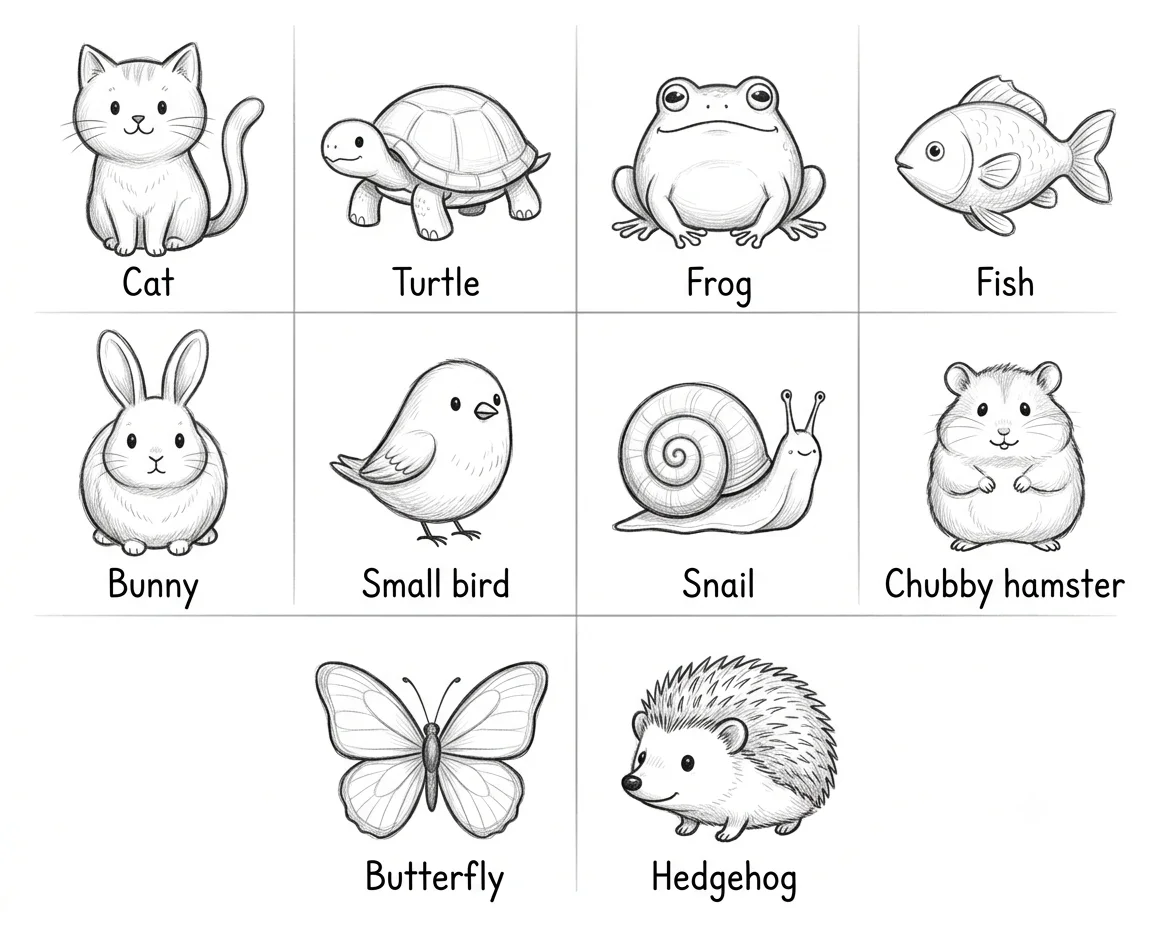animals and creatures to draw including cat turtle frog fish bunny bird snail hamster butterfly and hedgehog sketch illustration