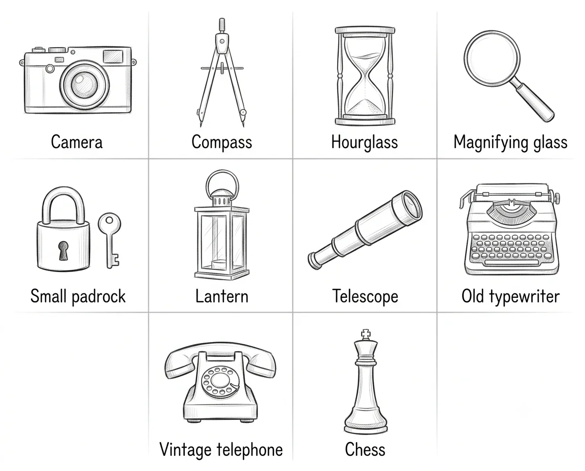 cool objects to draw including camera compass hourglass magnifying glass lantern telescope typewriter vintage phone and chess piece sketch