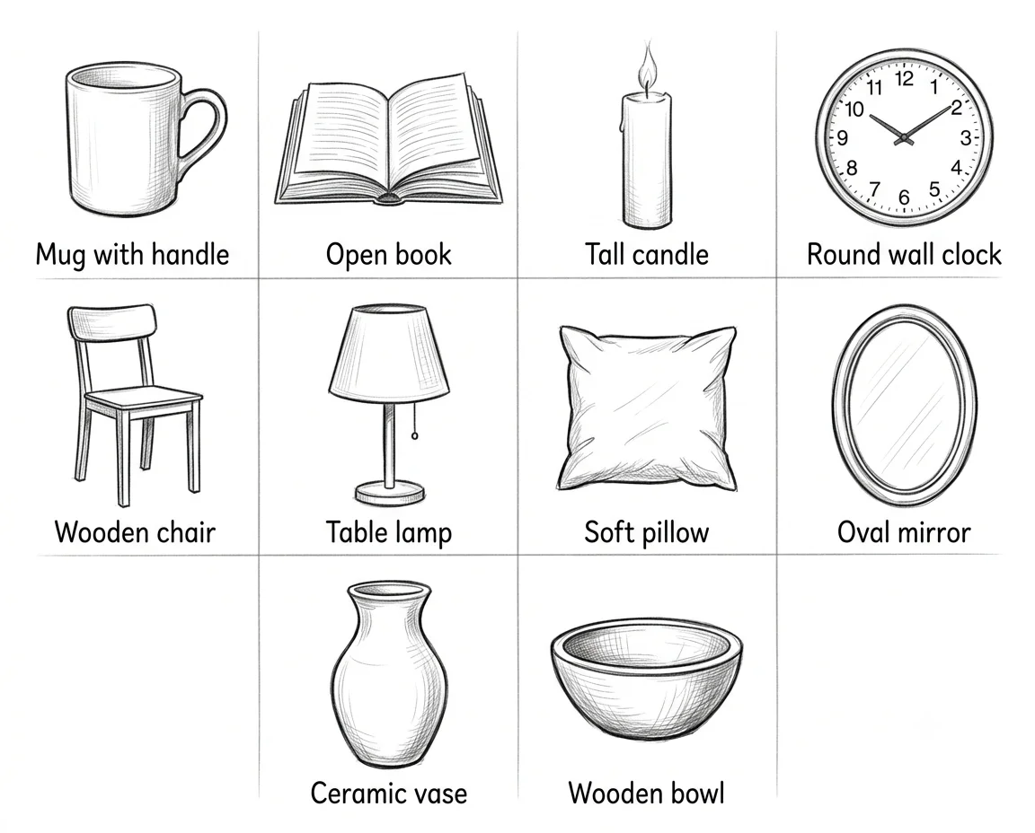 easy everyday objects to draw for beginners including mug book candle clock chair lamp pillow mirror vase and wooden bowl sketch