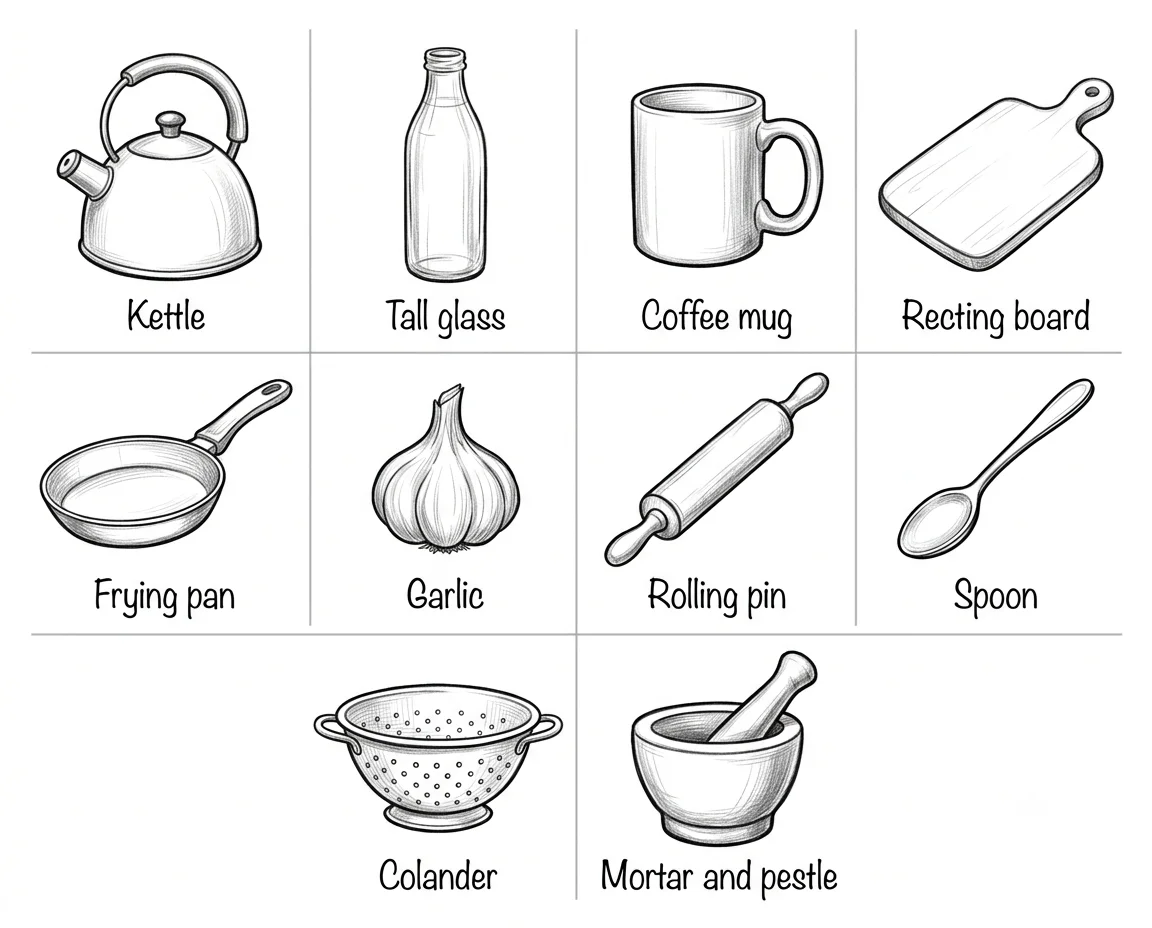 food and kitchen items to draw including kettle glass bottle coffee mug cutting board frying pan garlic rolling pin spoon colander and mortar pestle sketch