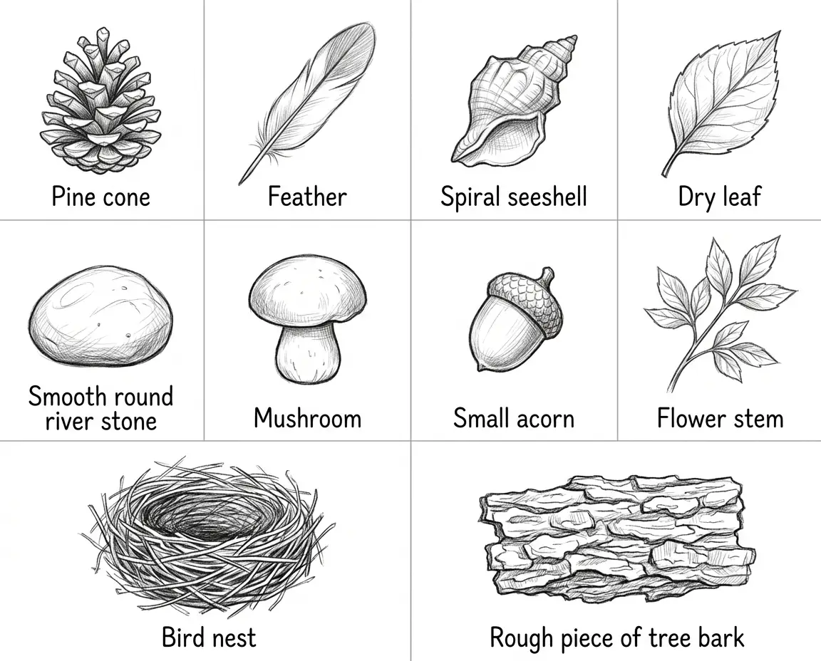 nature objects to draw including pine cone feather seashell dry leaf river stone mushroom acorn flower stem bird nest and bark sketch