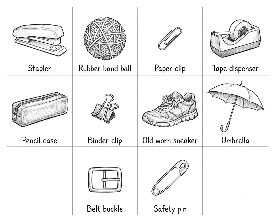 random objects to draw including stapler rubber band ball paper clip tape dispenser pencil case binder clip old sneaker umbrella belt buckle and safety pin sketch