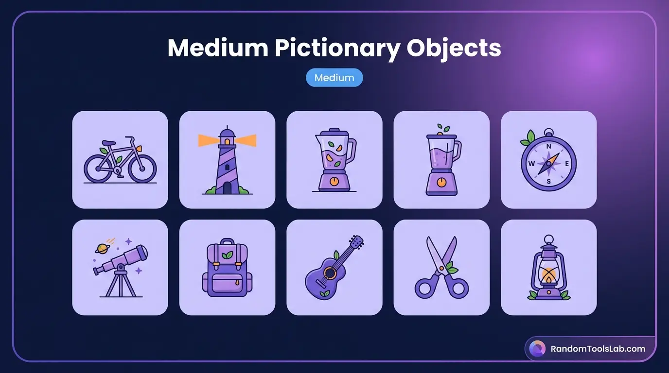 medium difficulty drawing words including bicycle, lighthouse, compass, telescope and guitar