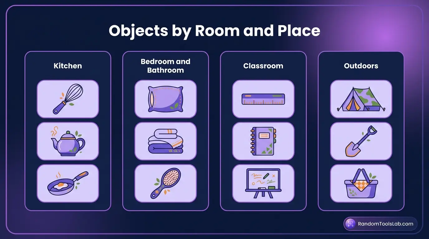 Pictionary word ideas grouped by place: kitchen, bedroom and bathroom, classroom and outdoors
