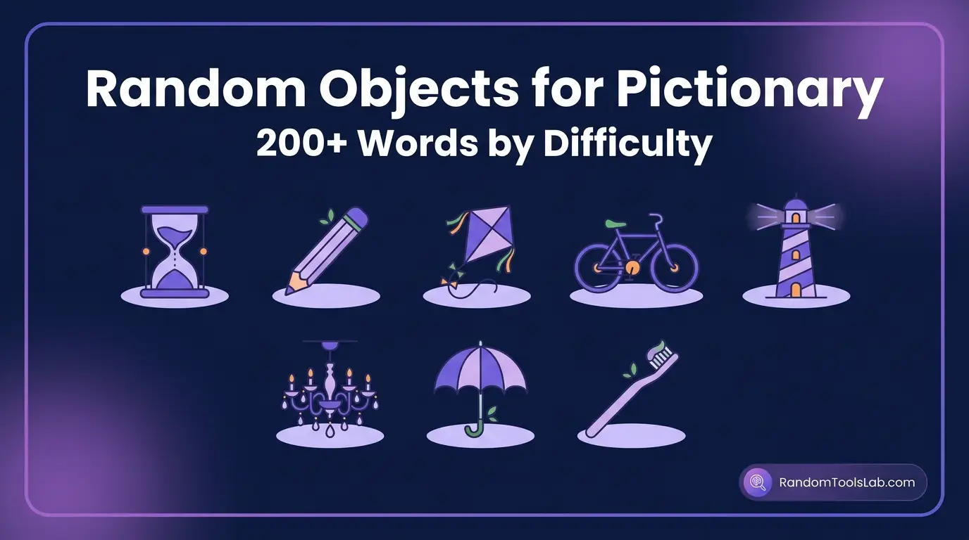 random objects for pictionary: hourglass, pencil, kite, bicycle, lighthouse, chandelier, umbrella and toothbrush icons